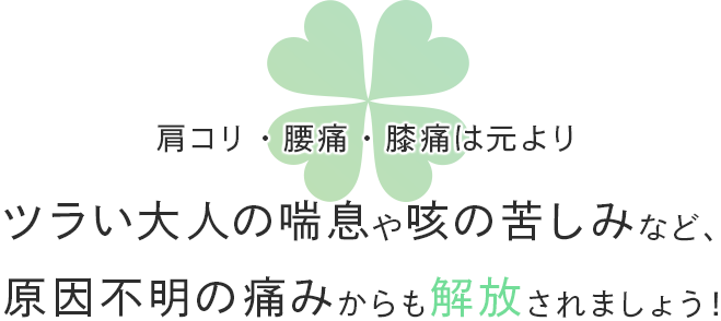 肩コリ・腰痛・膝痛は元よりツラい大人の喘息や咳の苦しみなど、原因不明の痛みからも解放されましょう！